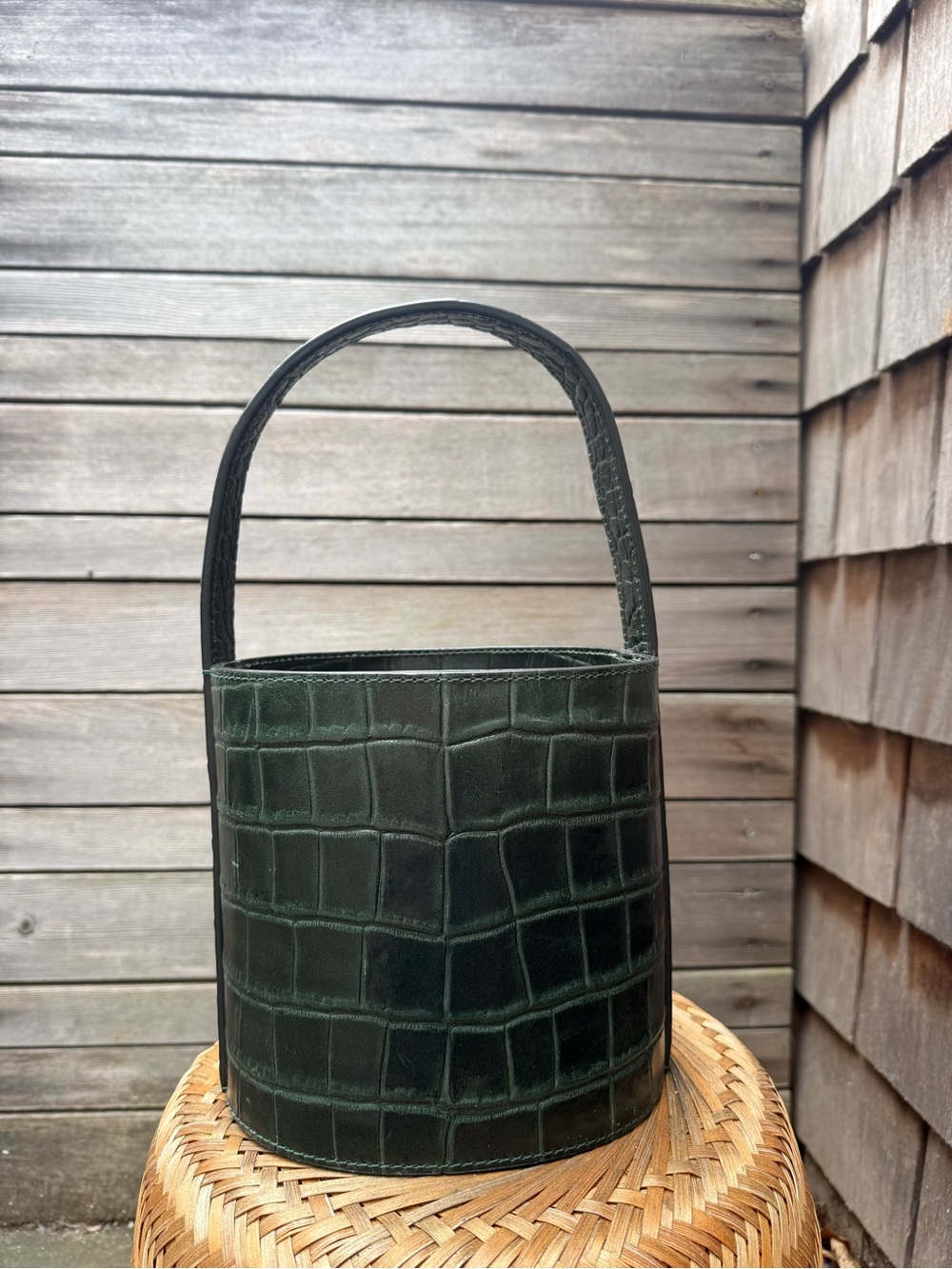 STAUD Croc-Embossed Mini Bucket Bag in Deep Green